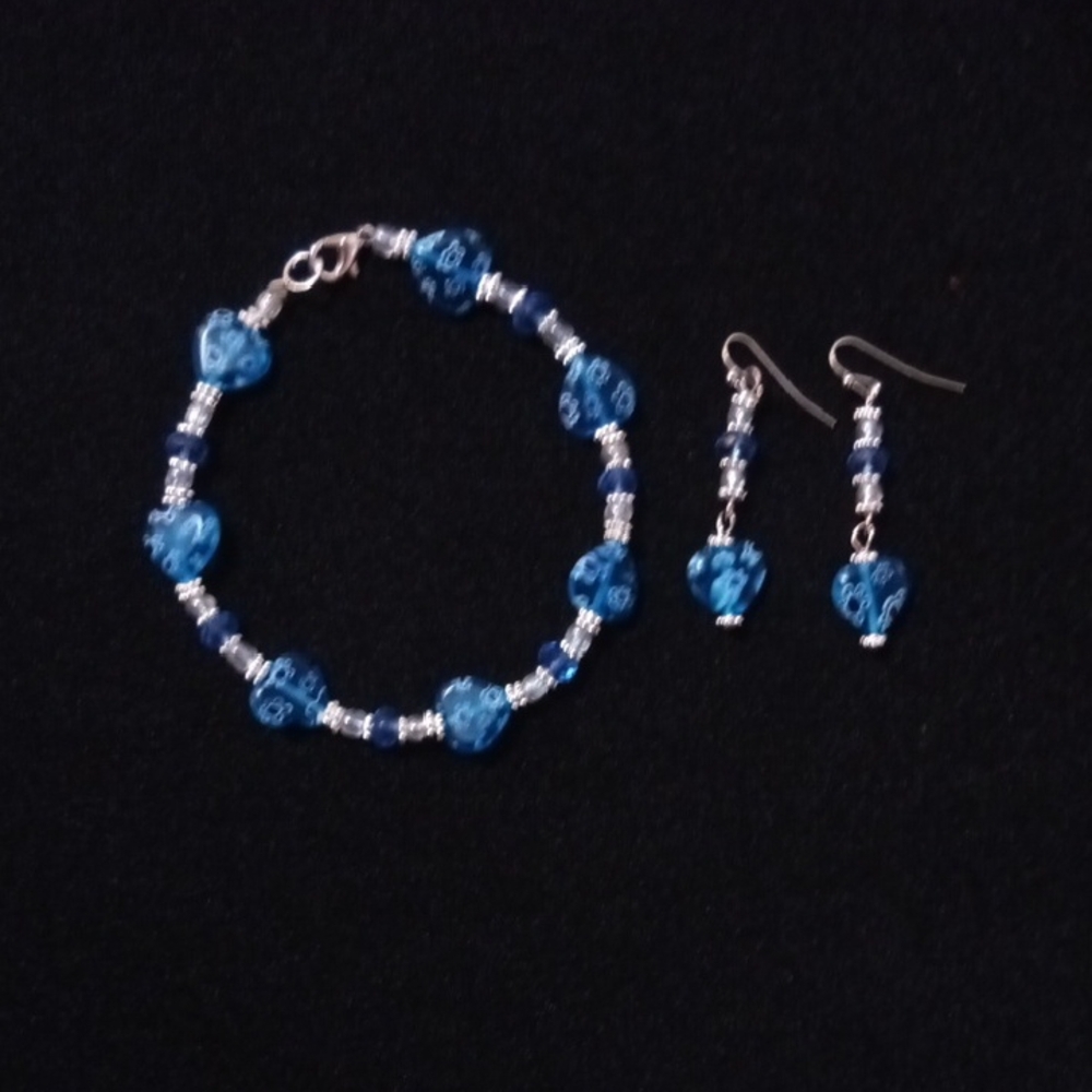 Elegant Handmade Blue Beaded Bracelet and Earring Set